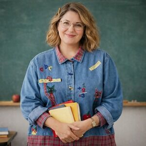 Vintage 90s Tanzara Teacher Denim Shirt 2X Apple Cat Back To School Top